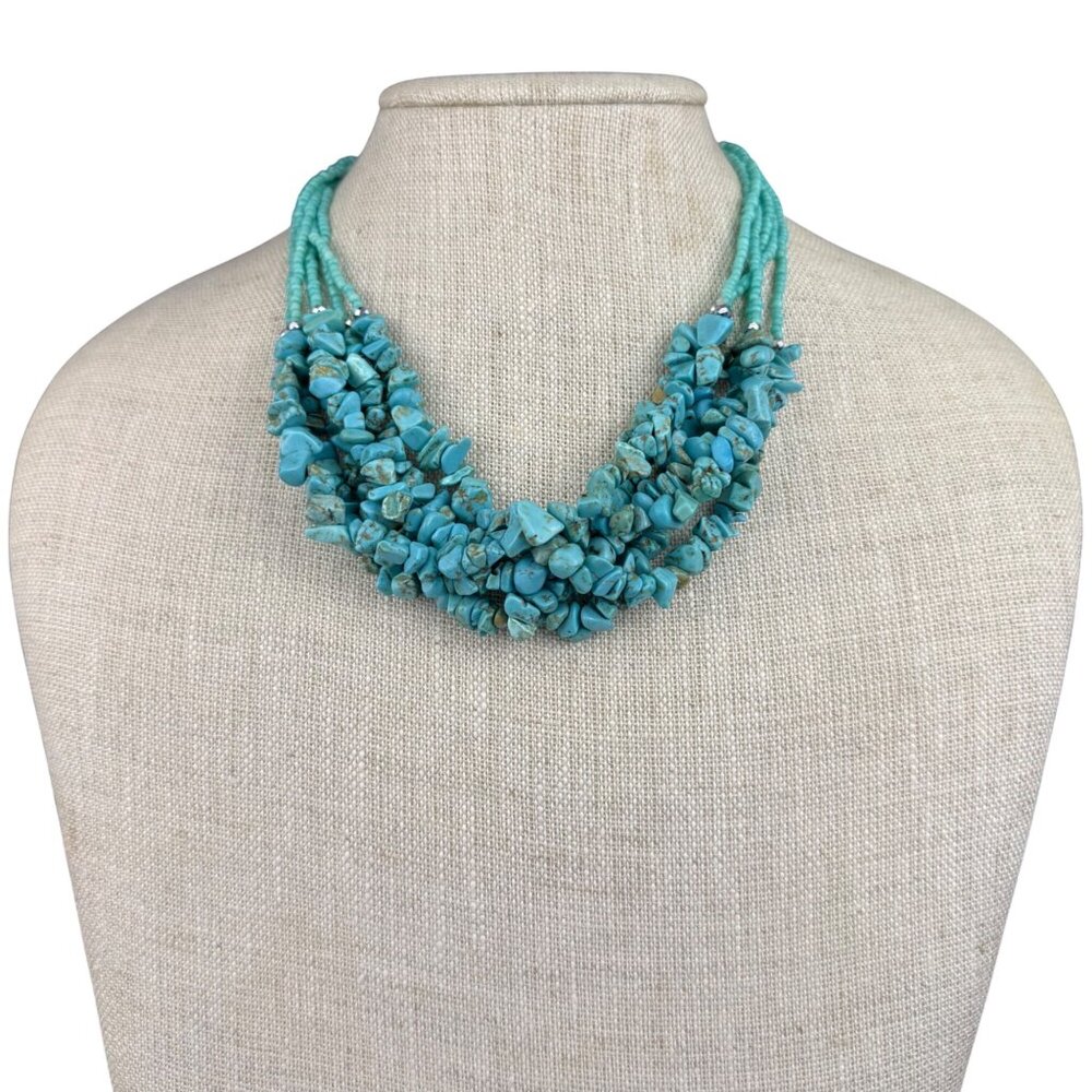 Multi-Strand Turquoise Bead Womens Necklace Adjustable Metal Chain Clasp